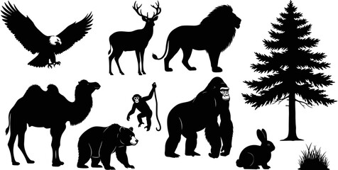 Wild animals silhouette collection featuring eagle lion deer camel bear gorilla monkey rabbit and pine tree isolated on white background for design. © Shopna