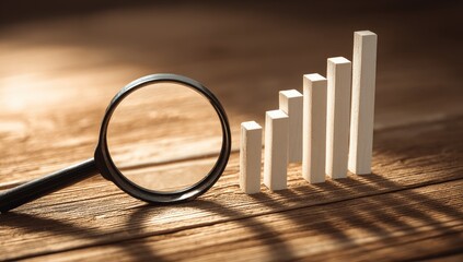 Fototapeta premium Magnifying Glass Over Growing Bar Chart on Wooden Surface.