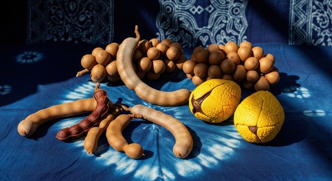 An Artistic Arrangement of Exotic Tamarind Pods and Vibrant Ackee Fruit on a Textured Blue Textile