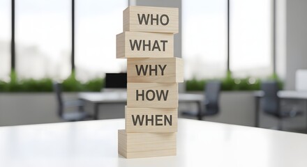 Business Strategy Questions: Who, What, Why, How, When, Wooden Blocks