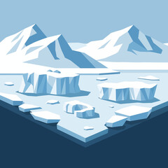 An artistic illustration of an arctic landscape featuring icebergs and mountains under a clear sky. © Dani
