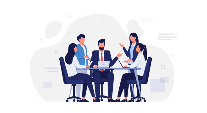 Business meeting, team collaboration, diverse professionals discussing strategy around a table.