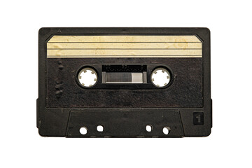 Naklejka premium used vintage audio tape cassette isolated, a symbol of 80s, 90s period on white background