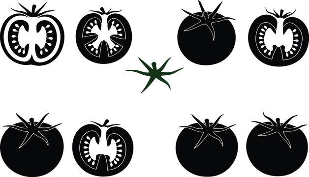 Collection of black tomato silhouettes featuring whole fruits with stems and cross section slices showing seeds isolated on white background for food design (25 words)