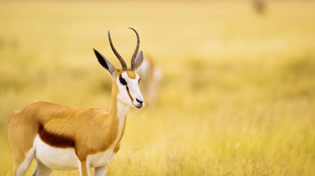 Portrait of a springbok antelope standing and looking into camera at Mabuasehube, Botswana, South Africa 