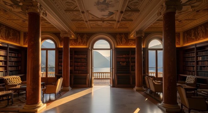 Elegant Library Interior with Lake View - Luxurious Reading Room