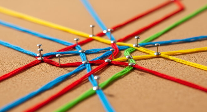Macro close-up of tangled colorful strings connected by silver pushpins on corkboard