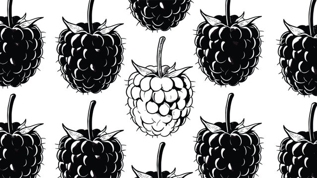 Elegant hand drawn seamless pattern featuring black and white blackberry fruit sketches with a single white raspberry standout on a clean white background.