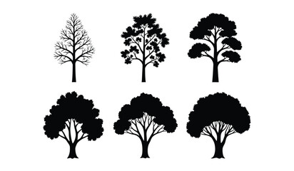 A collection of six distinct black silhouette tree icons featuring various foliage shapes and forms © rsvect02