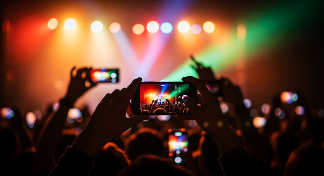 Crowd of people recording live music concert performance with smartphones