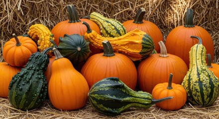 Obraz premium A Vibrant Collection of Bright Orange Pumpkins and Deep Green Gourds on a Hay Bale