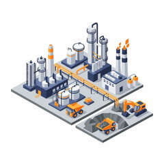 Isometric Industrial Complex with Mining Operation and Factory Buildings.
