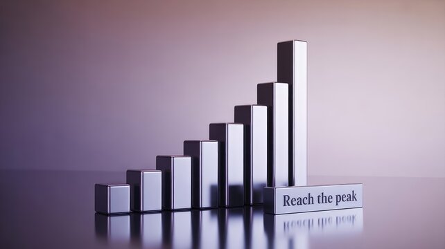 Abstract 3D bar graph visually representing business growth and progress towards achieving the ultimate peak goal of success.