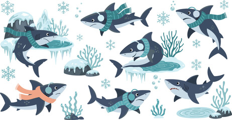 Cute winter shark cartoon set wearing scarves swimming in icy ocean with snowflakes coral and ice playful marine vector © MdNipon