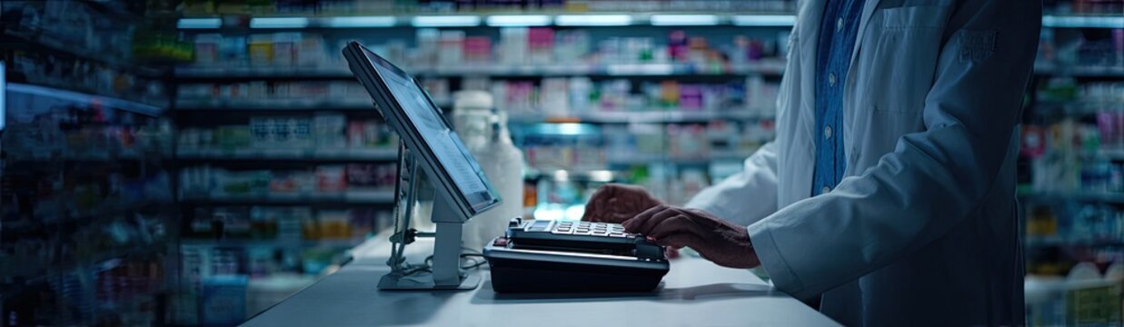 Pharmacist using a computer at a pharmacy counter with shelves of medicine in the background.