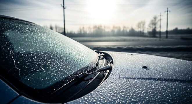A close-up view of a car windshield covered in raindrops on a gloomy day with power lines and trees in the background.