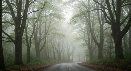 Obraz premium Winding roadway disappears into a dense, atmospheric forest shrouded by heavy fog