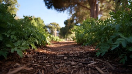 Naklejka premium A low angle view of a sunlit garden path covered in wood chips bordered by lush green foliage and tall trees against a clear blue sky