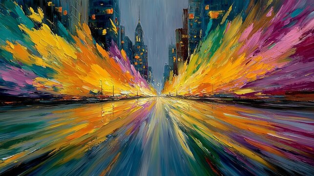 Vibrant impasto city street scene explodes with warm and cool colors creating dynamic energy