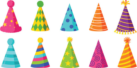Colorful party hat collection vector illustration, festive birthday cone caps with patterns stripes stars and dots, celebration decoration icons