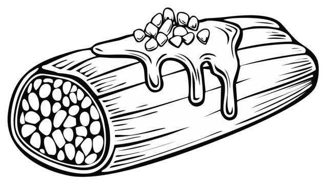 Hand-drawn illustration of a tamale topped with sauce and garnish in a line art style