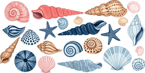 Beautiful collection of sea shells, starfish, and urchins in pink and blue colors, ocean life vector illustration set isolated on white, summer. © SHAUN