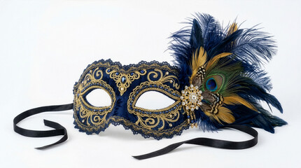 Granatowa maska wenecka na białym tle.