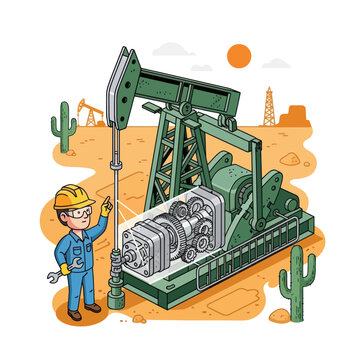 Cartoon oil worker inspecting pumpjack machinery in desert landscape.