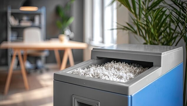 Office Paper Shredder Filled With Shredded Documents in a Modern Workspace.