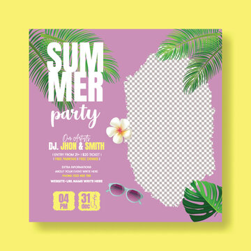 summer Holiday sale and summer vacation editable social media post, web banner template, promotional advertisement for summer beach pool party social media square flyer or poster, summer tropical back