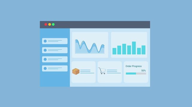 Animated data analytics dashboard interface with charts, graphs, and finance icon. Flat vector motion design representing financial monitoring, digital reporting, and business analytics panel.