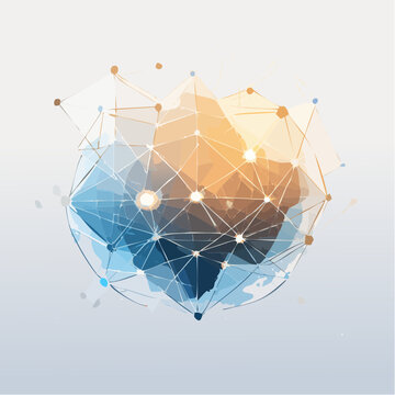 Futuristic visual representation of a complex data network, merging geometric forms with artistic watercolor elements