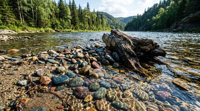 Clear river flowing over colorful pebbles with a fallen log and a dense evergreen forest in the background on a sunny day.