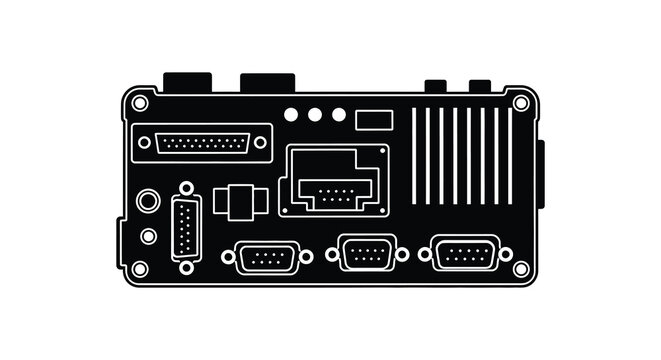 A stark black silhouette of a computer motherboard displaying various ports and components silhouette high quality professional detailed