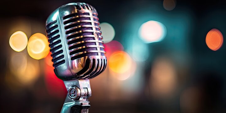 Vintage Microphone on Stage with Bokeh Lights.