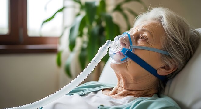 An elderly woman lies in bed with an oxygen mask on her face in a serene hospital room with a window and plant in the background.