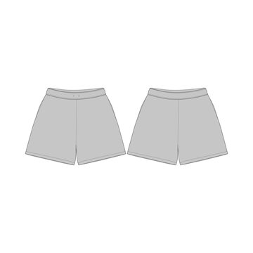 Blank grey sweat shorts vector mockup template, front and back view. Men's or women's casual activewear shorts flat sketch technical drawing for fashion tech pack and apparel design presentation.