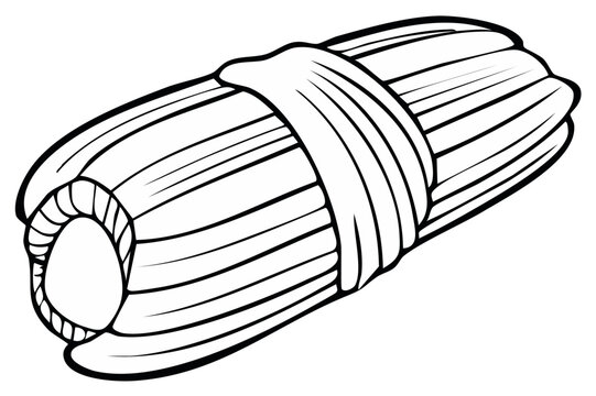 Monochrome depiction of a tamale tied and wrapped, showcasing its traditional presentation style