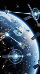 Futuristic Satellites Orbiting Earth with Dynamic Laser Technology