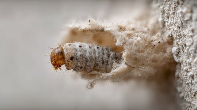 Plaster bagworm larva peeking from dusty lint case on house wall, indoor pest macro