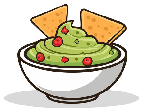 Delicious guacamole bowl with tortilla chips appetizing illustration vibrant food icon Mexican snack cartoon tasty dip healthy