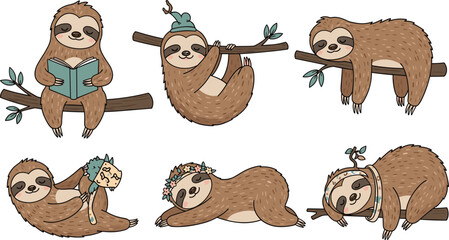 Obraz premium Cute sloth character collection, lazy forest animals reading book, sleeping on branch, wearing flower crown, nursery vector illustration, isolated on white background.