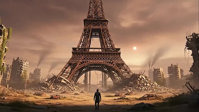 Post Apocalyptic Eiffel Tower Ruins Scene.
