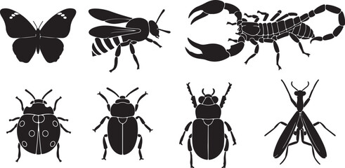 Insects and arachnids collection featuring butterfly honey bee scorpion ladybug beetles and praying mantis silhouettes © MDMUKTADIR