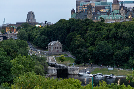 Ottawa, Canada - August 4, 2025: Rideau Canal locks and Bytown Museum in downtown