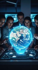 Diverse Professionals Analyzing Digital Globe Projection in Office