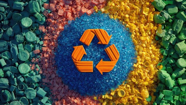 Recycling Symbol Amidst Colorful Plastic Pellets.