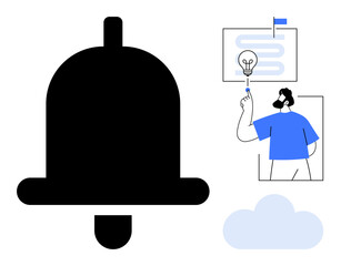 Fototapeta premium Notification systems, brainstorming, workflow management, idea generation, task planning, online productivity, digital reminders. Bell icon man holding lightbulb and workflow chart. Notification