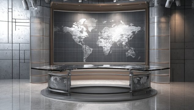 Modern News Studio with World Map Display and Desk.