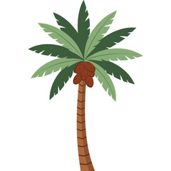 A serene coconut palm tree illustration standing alone in a tropical environment with lush green leaves and a brown trunk.